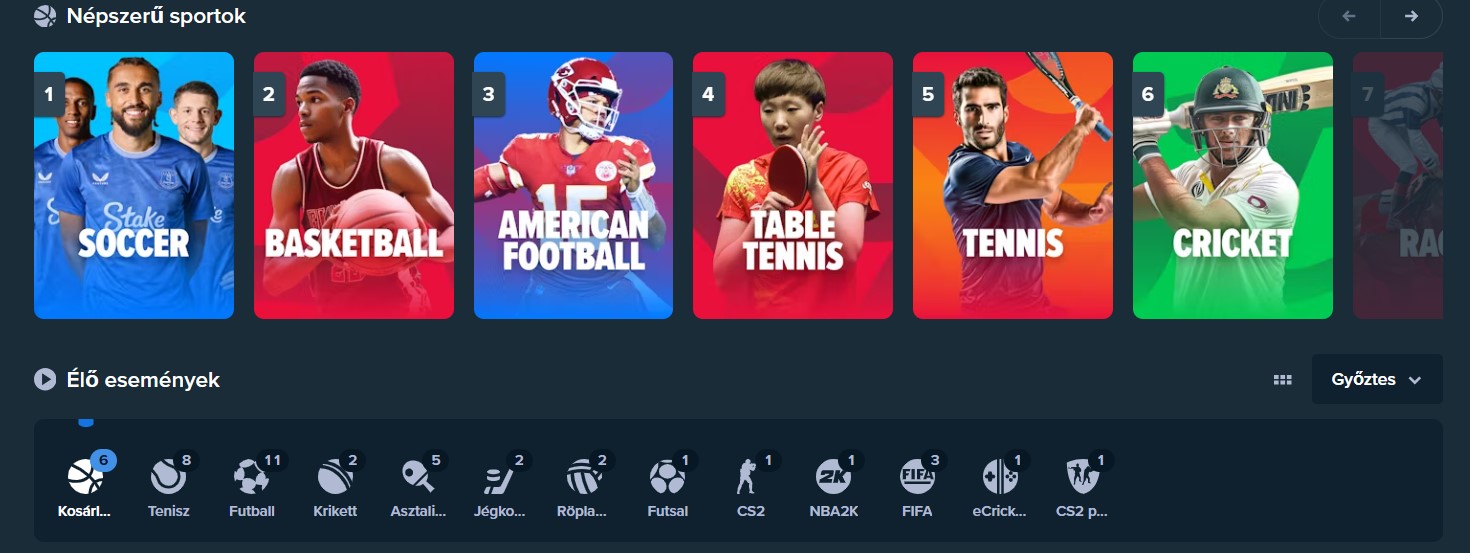 sportok és fogadások az online platformon Stake